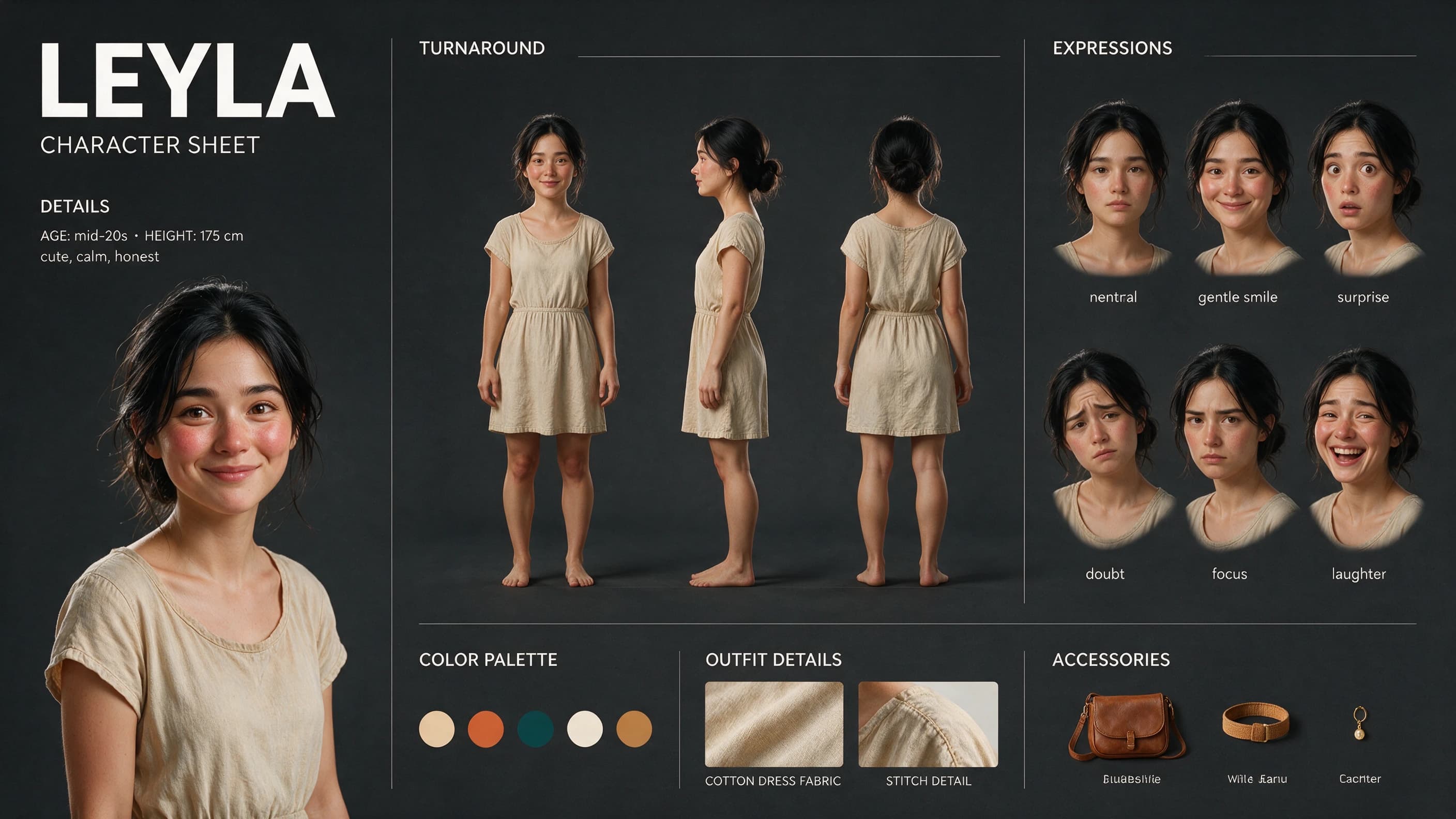 Ein Charakter-Sheet: Porträt von vorn, Turnaround aus drei Winkeln, sechs Mimikstudien, Farbpalette, Garderobe und Accessoires
