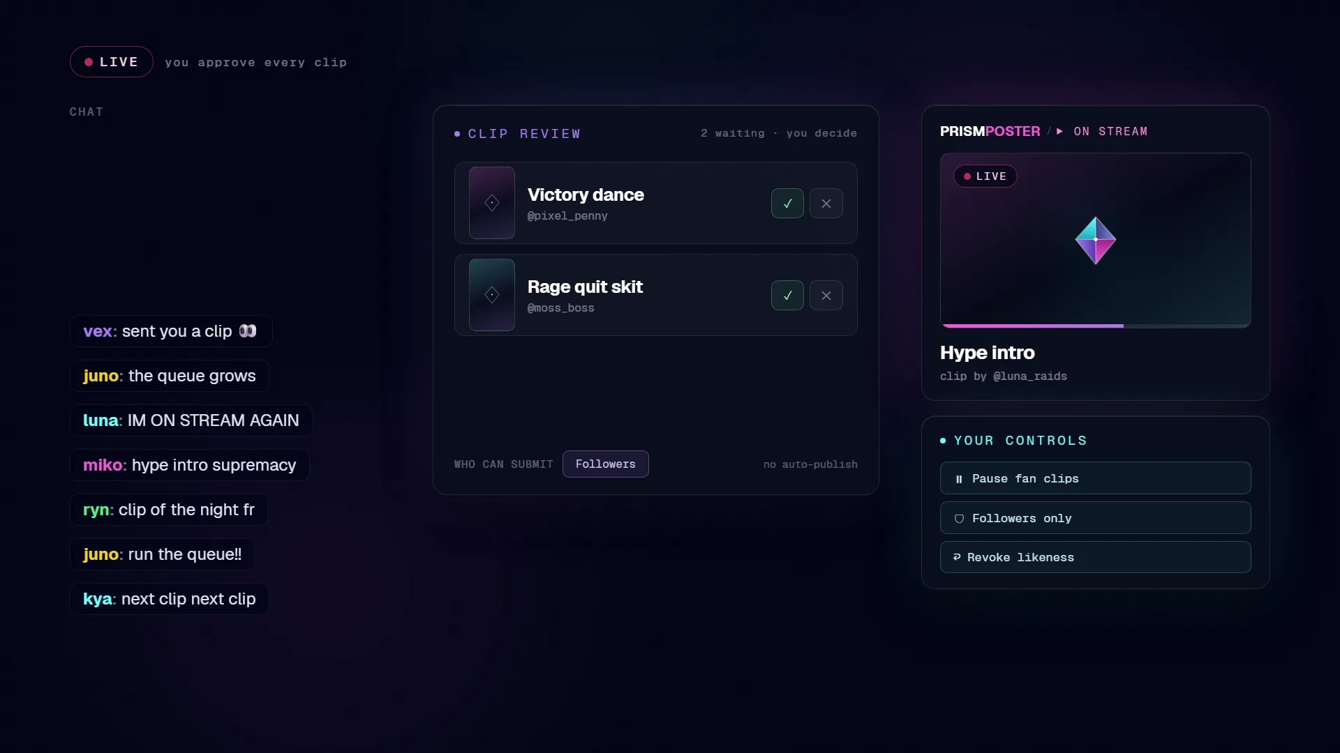 The clip review queue during a live session: a fan submission is approved and plays on stream; a declined one never airs