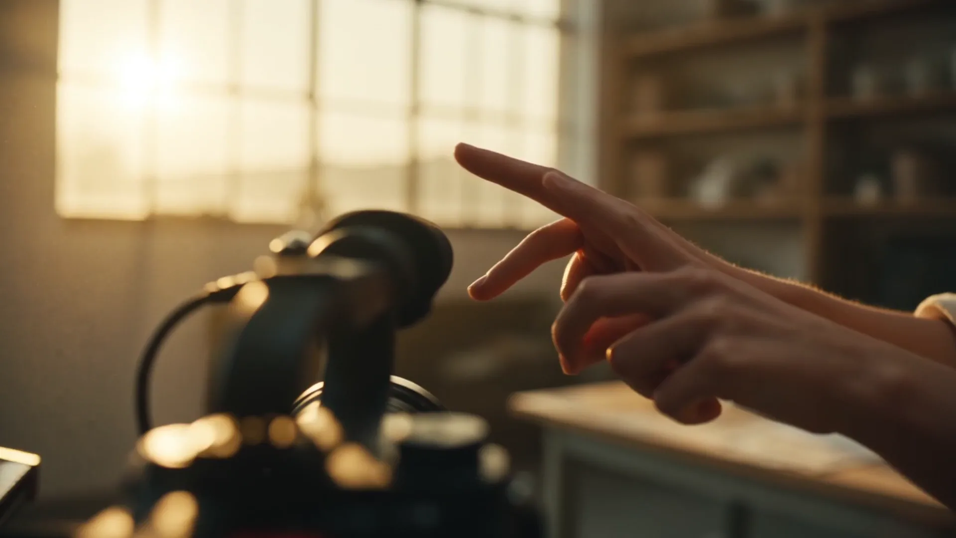 Eine Frau in einem sonnigen Loft wendet sich von einem Kamera-Rig zum Synthesizer, vorbei an einer Wand handgezeichneter Storyboard-Panels, hin zu ihren Händen, die Ton formen — eine durchgehende Einstellung aus PrismPoster