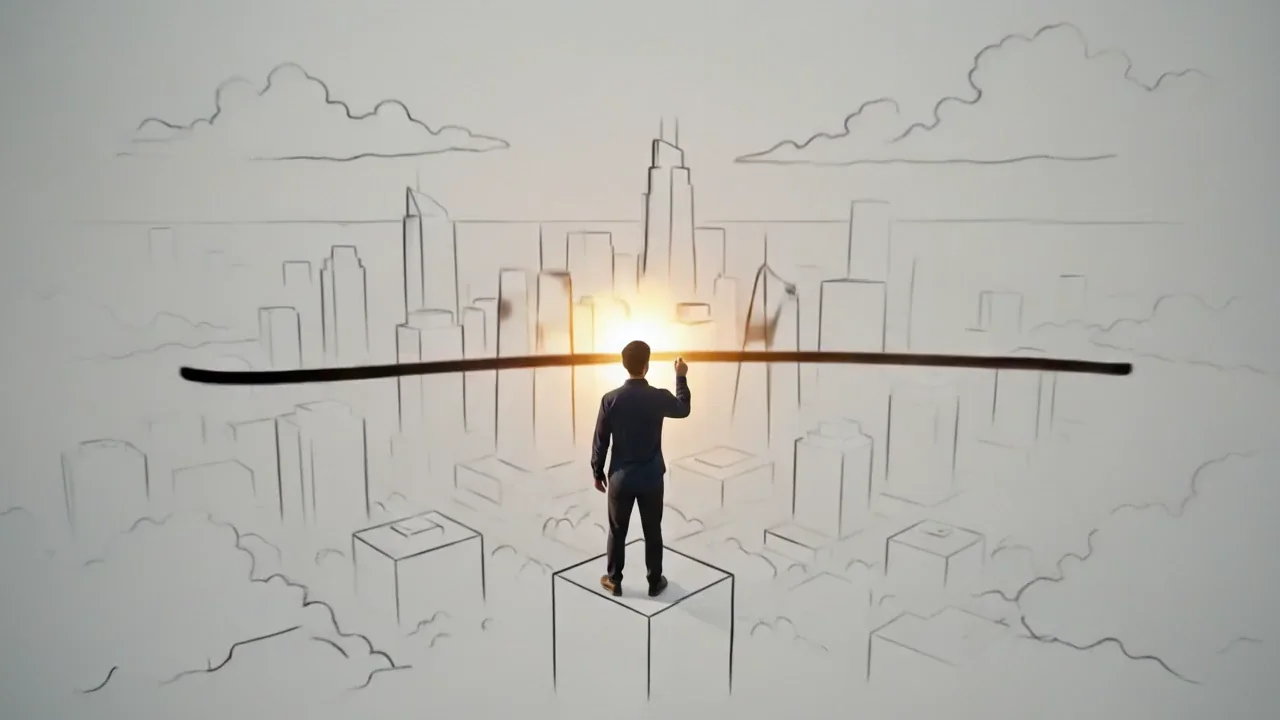 Eine handgezeichnete Stadtsilhouette, in der eine Figur den Horizont ins Tageslicht aufzieht