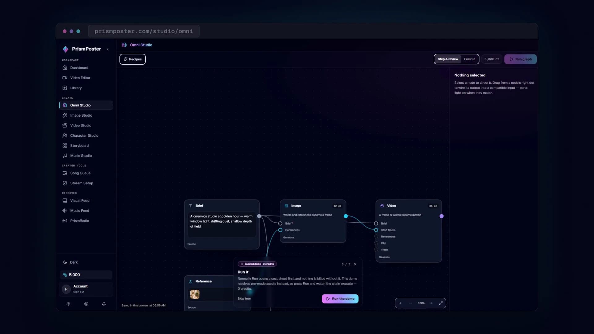 Die Omni-Studio-Fläche: ein Briefing und eine Referenz speisen einen Bild-Node, das Bild speist einen Video-Node, dazu ein Musik-Node — jeder füllt sich mit seinem fertigen Ergebnis